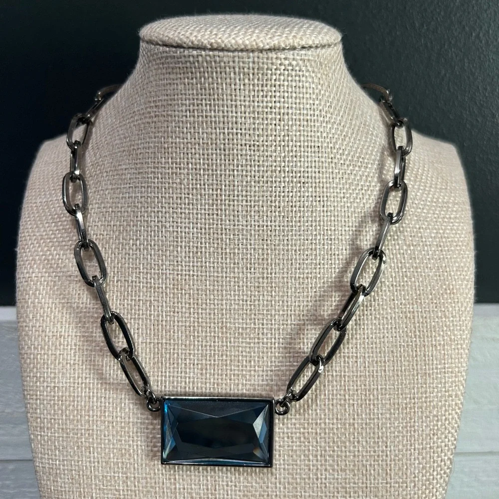 Lia Sophia Gunmetal Statement Necklace | Faceted Blue Pendant| Adjustable - Picture 1 of 4